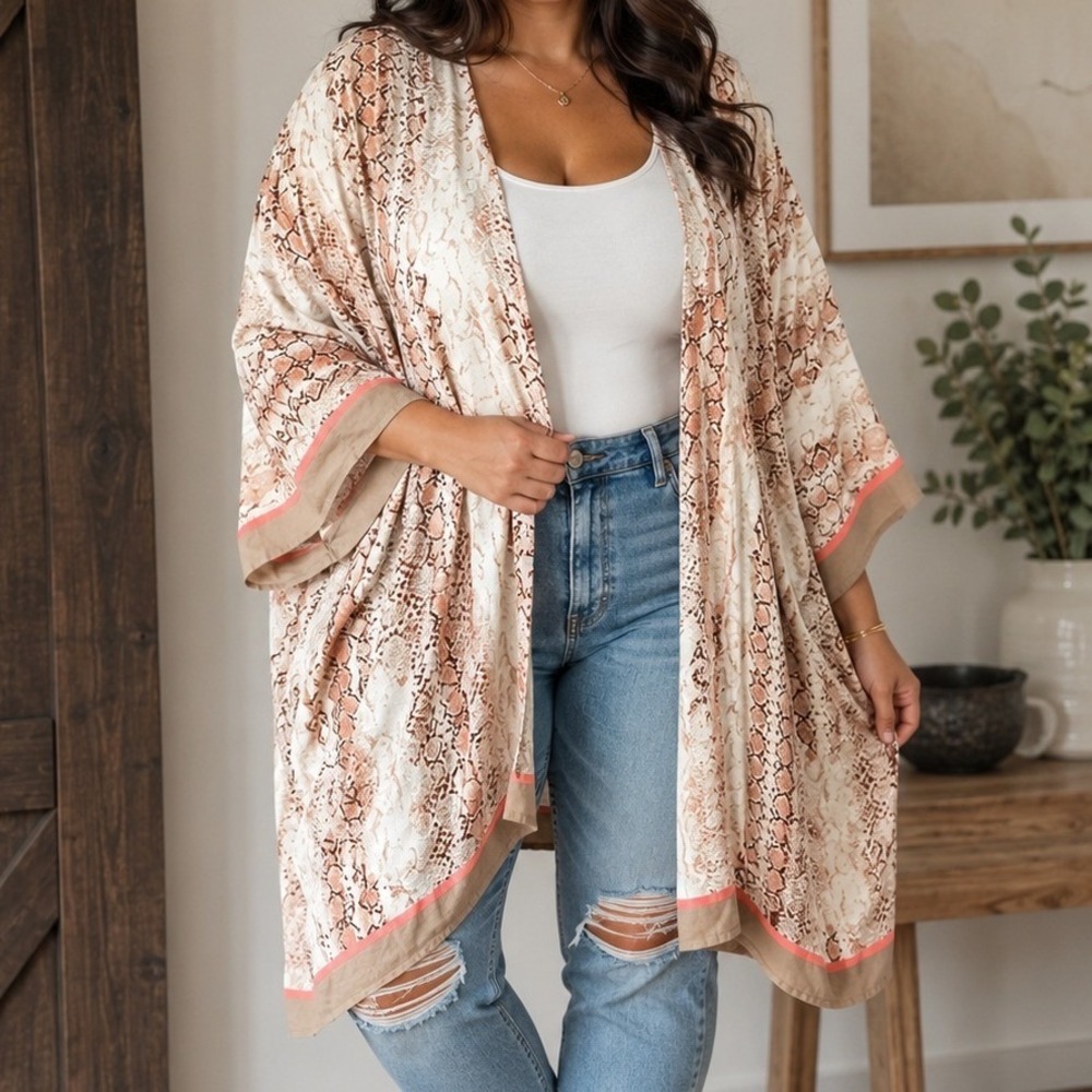 Neutral Snakeskin Print Open Front Kimono Wrap XXL-XXXL Animal Print Bohemian